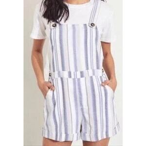 Hollister Striped Short Overalls Women M Blue White Linen Blend Romper - B008